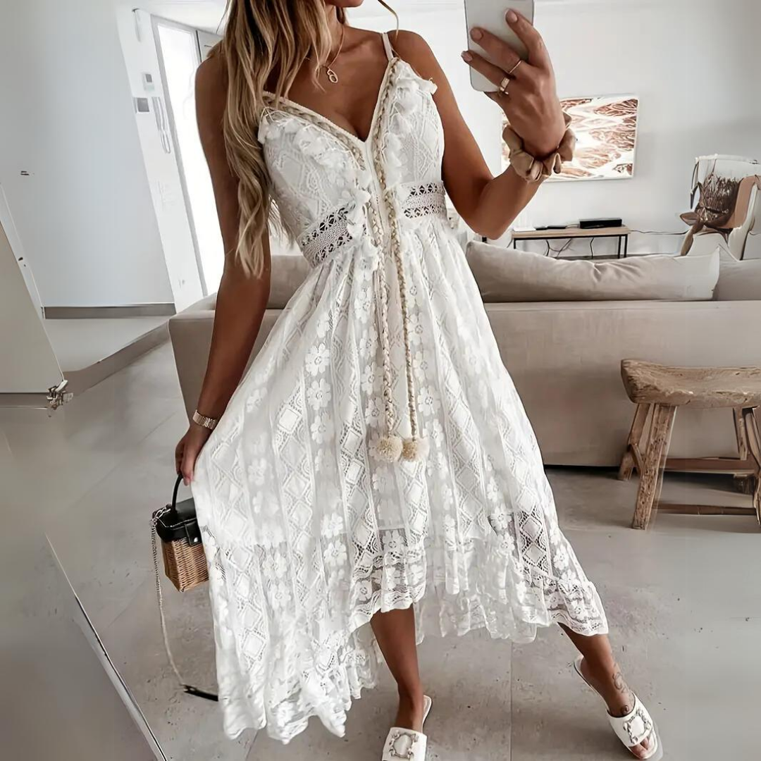 Casual Floral Midi Dress with Lace Trim