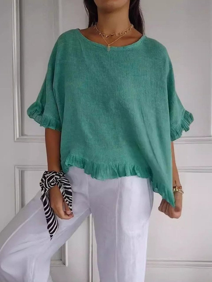 Ladies' Casual Ruffle Detail Short Sleeve Blouse
