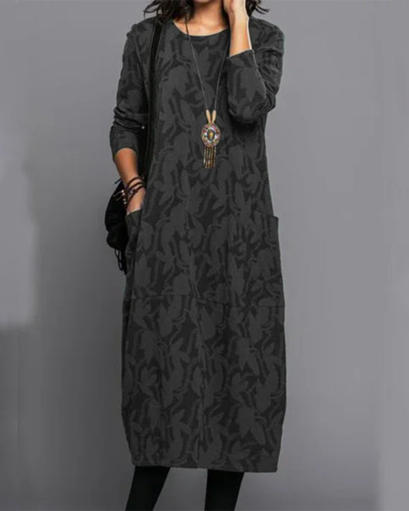 Ladies' Floral Casual Midi Dress with Pockets and Long Sleeves