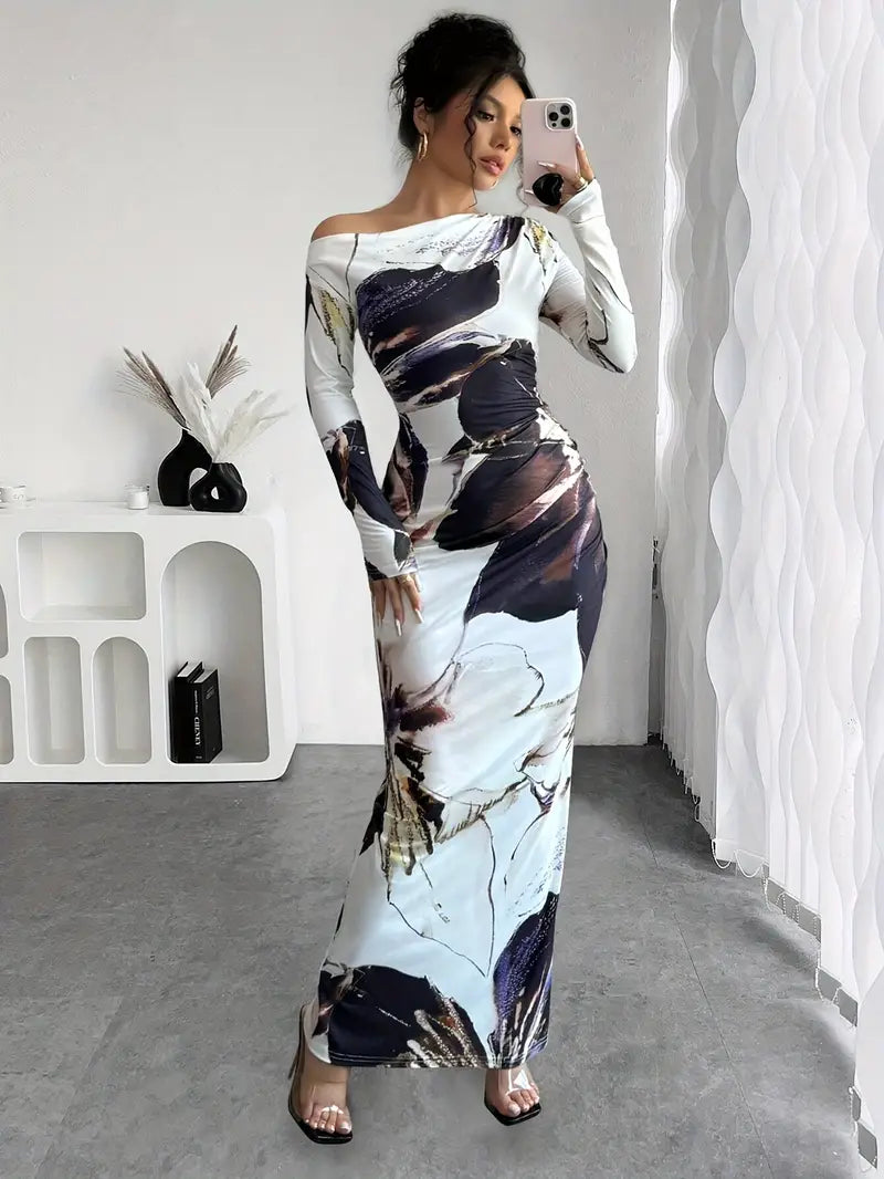 Ladies Floral Maxi Dress with Long Sleeves - Nocini