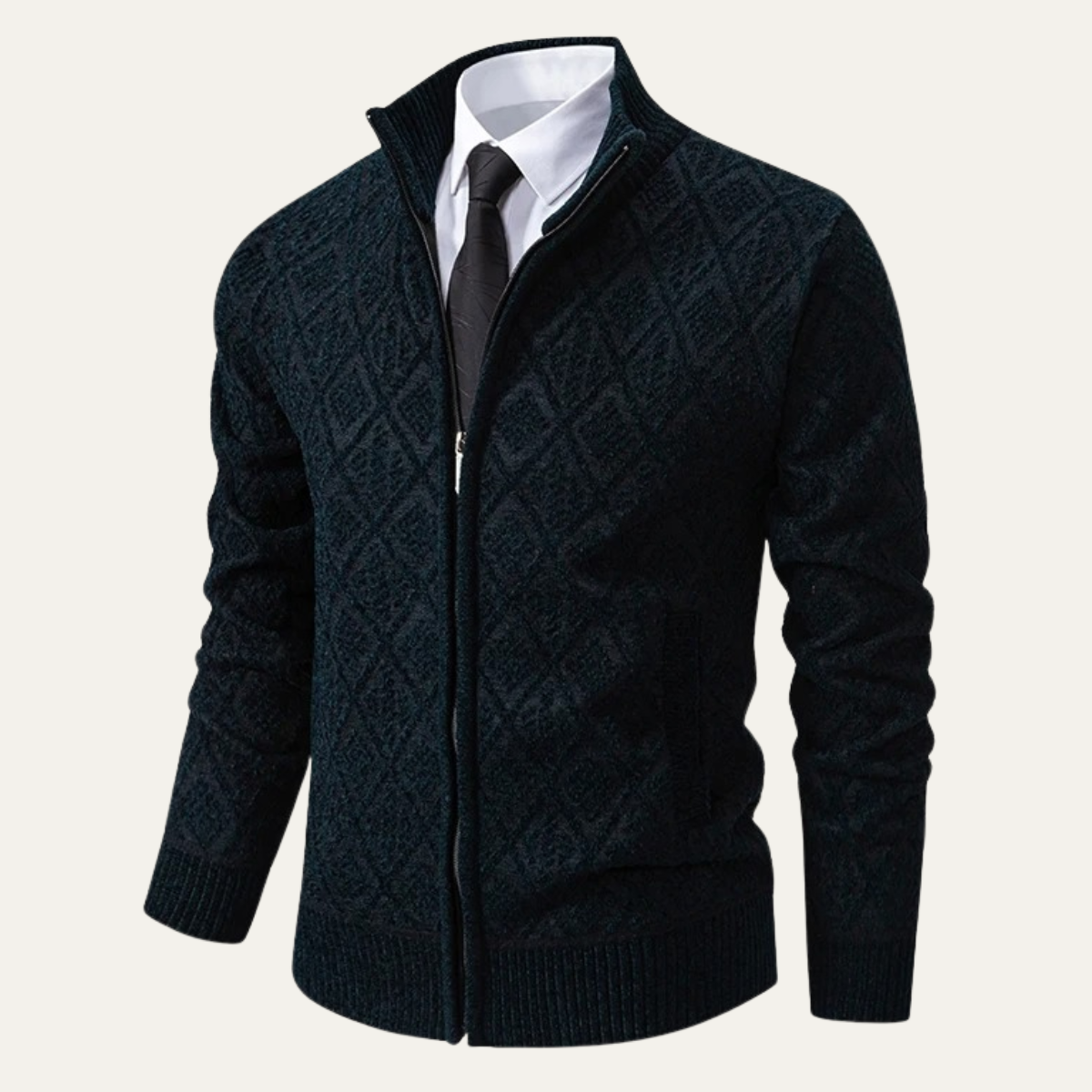 Men's Diamond Quilted Zip Up Knit Jacket with High Collar