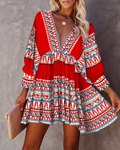 Chic V-Neck Mini Dress with Long Sleeves and Floral Print