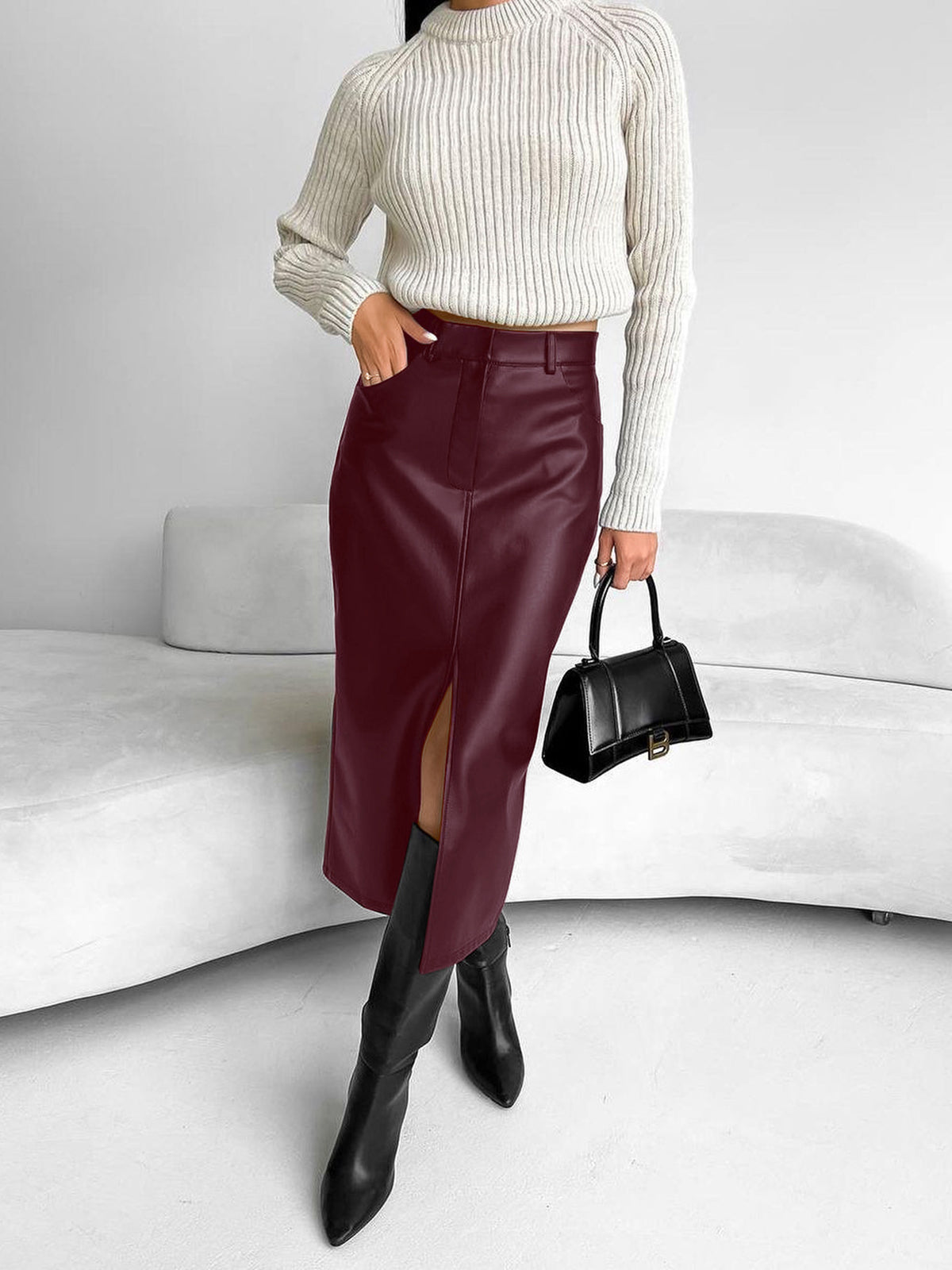 Elegant Mid Length Skirt with Slit and Waist Belt