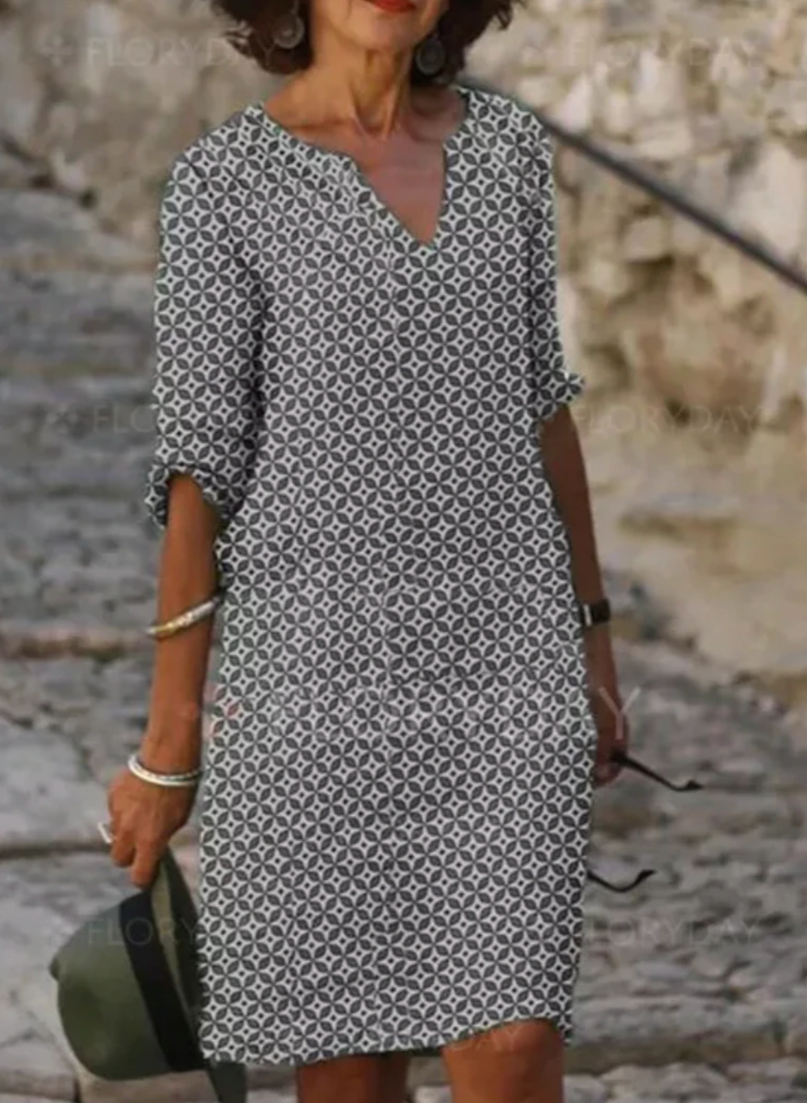 Casual V Neck Knee Length Dress with Geometric Print
