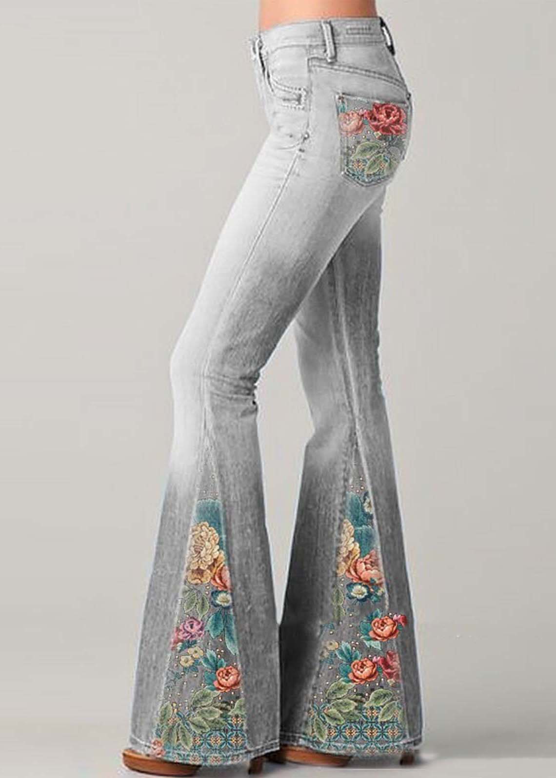 Trendy High Waisted Embroidered Flare Jeans
