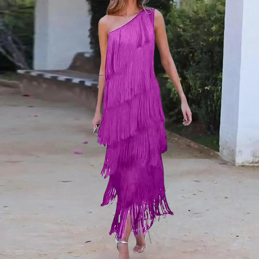 Chic Off Shoulder Evening Gown with Fringe Detail