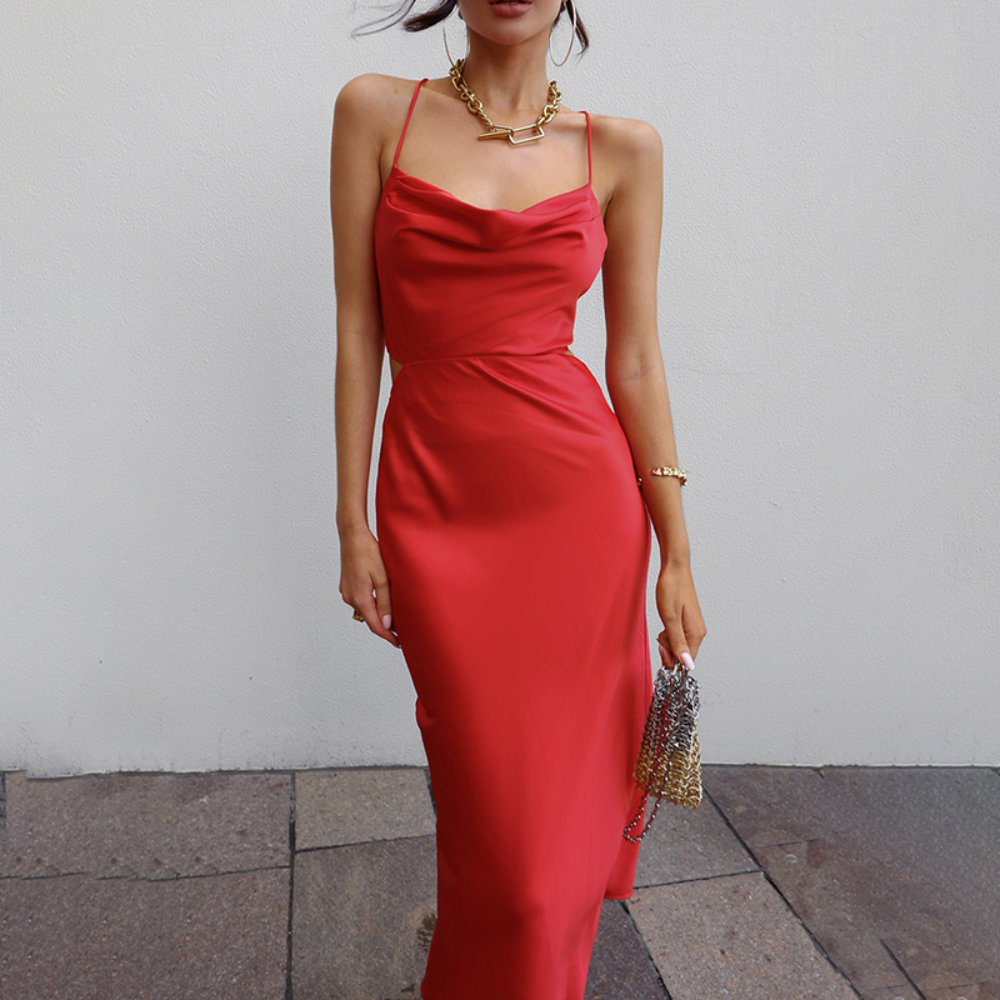 Ladies' Satin Midi Dress - Cowl Neck - Elegant Party Gown
