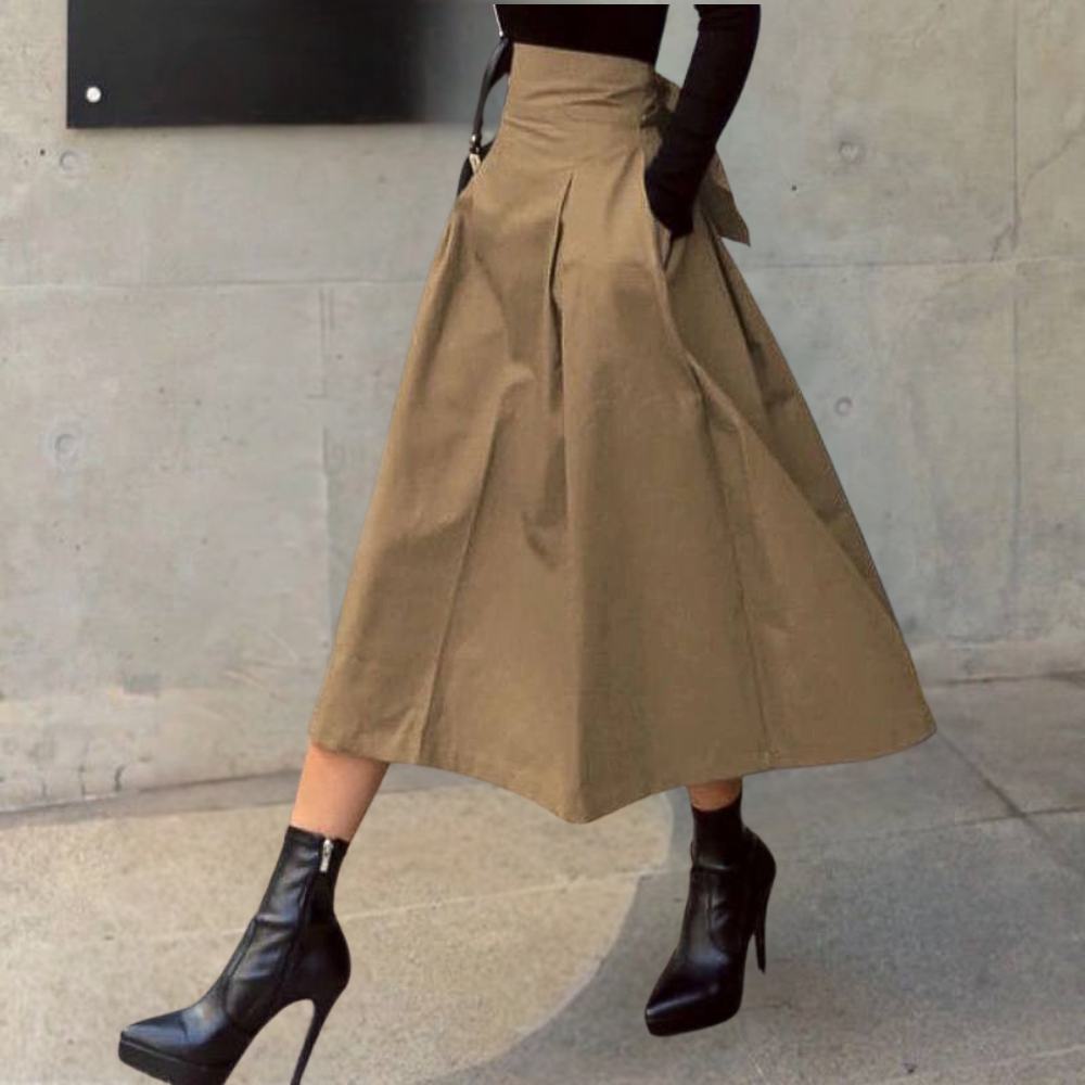 Flared Waist Tie Back Midi Skirt