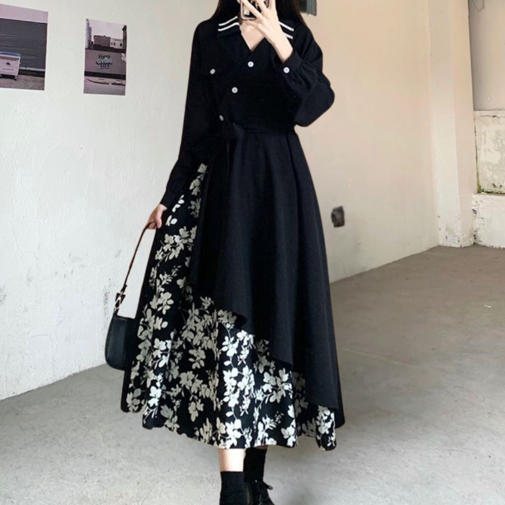 Ladies Floral Long Sleeve Asymmetrical Dress - Nocini