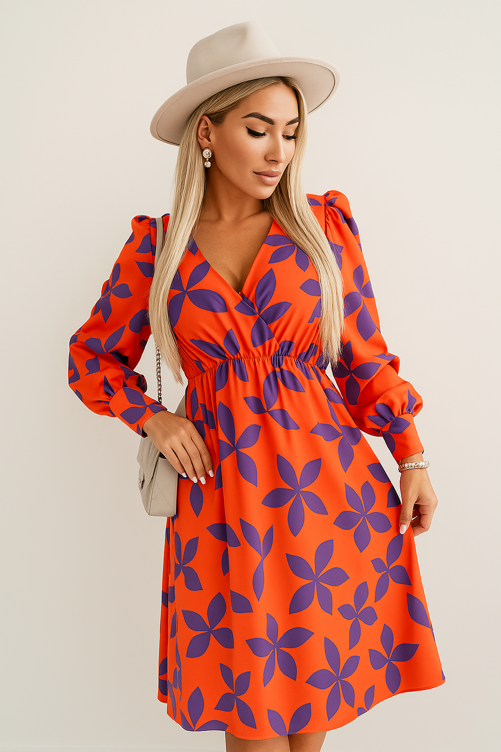 Floral V Neck Midi Dress with Puff Sleeves - Nocini