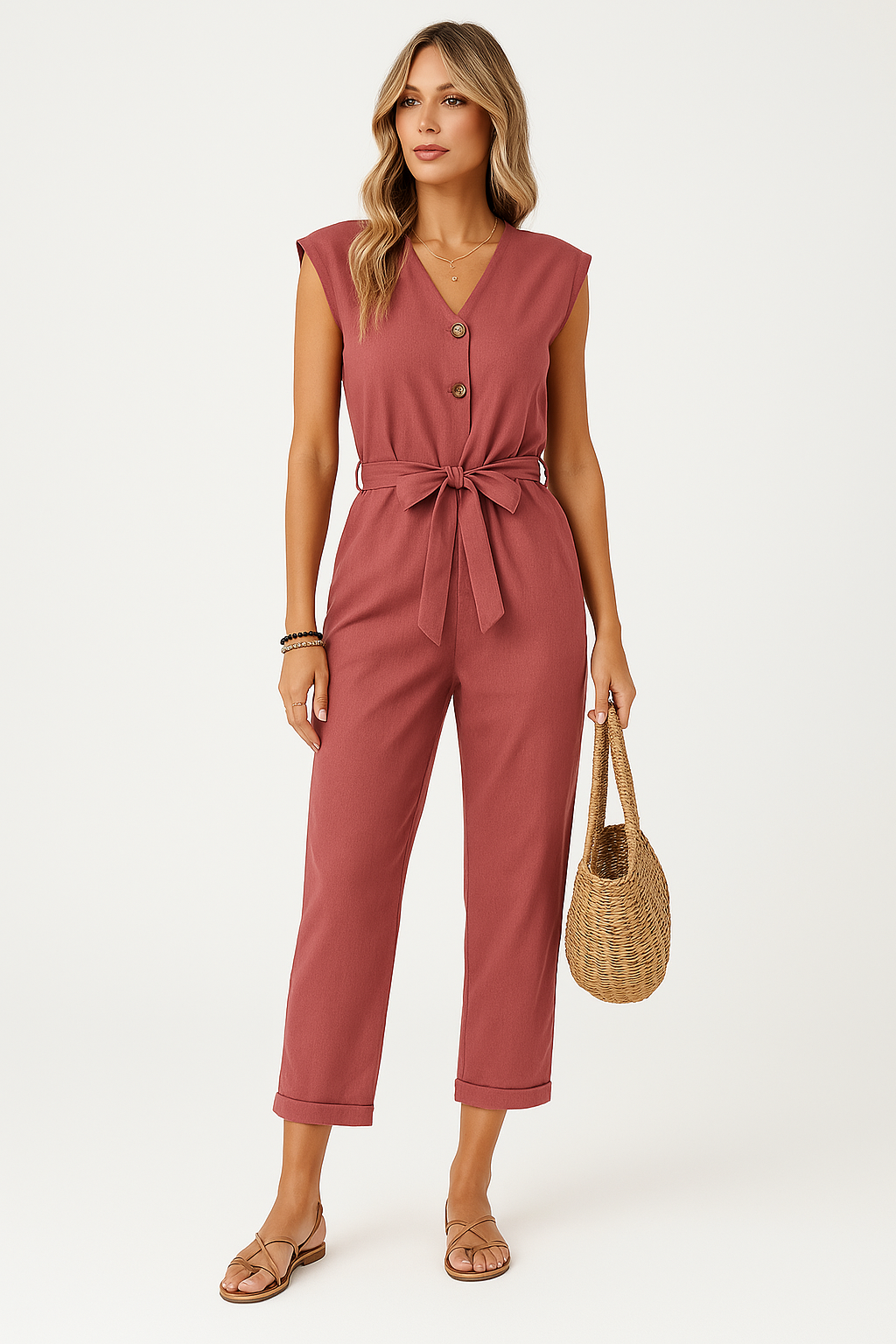 Women's V-Neck Sleeveless Jumpsuit with Belt