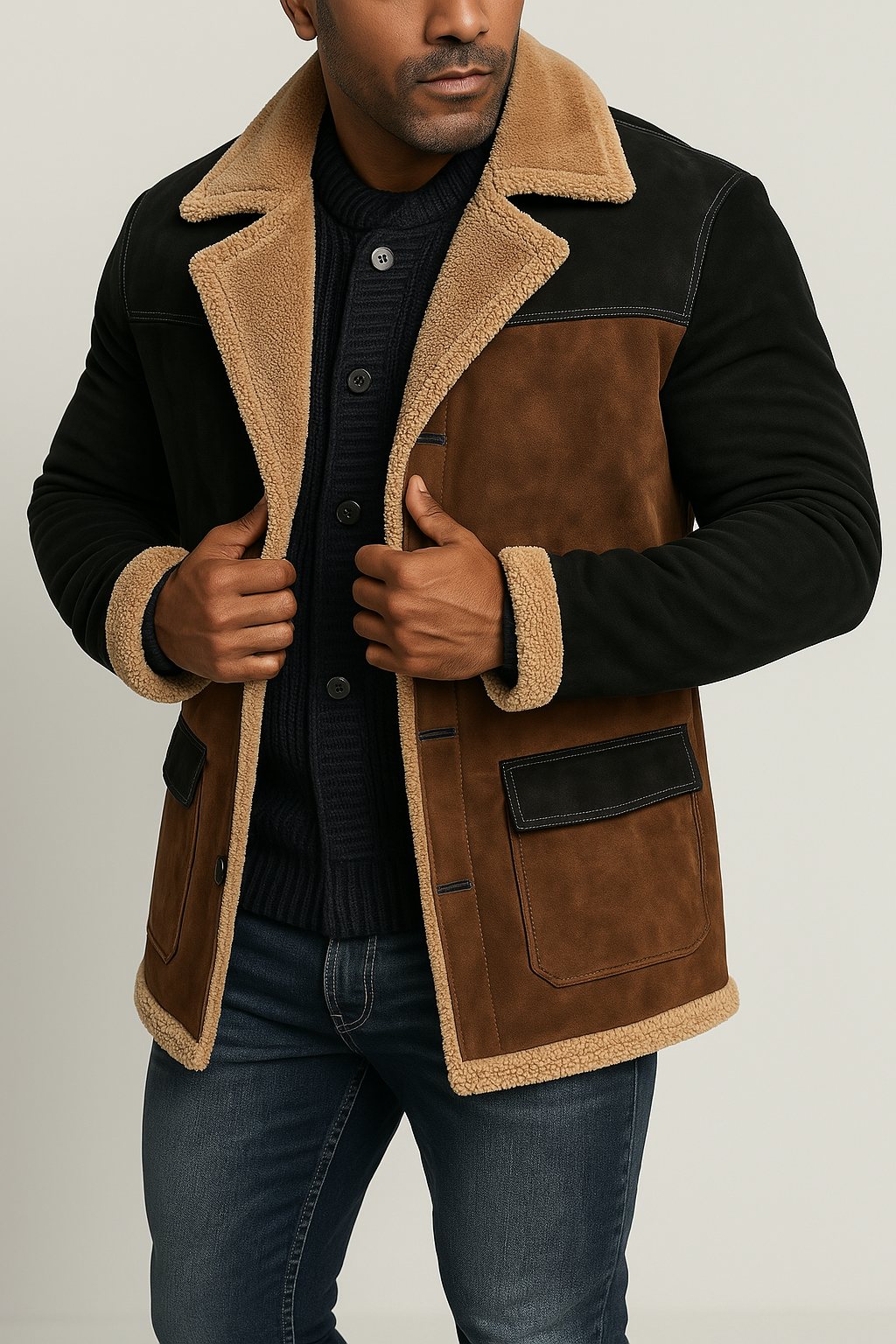 Classic Mens Shearling Coat Button Front - Nocini