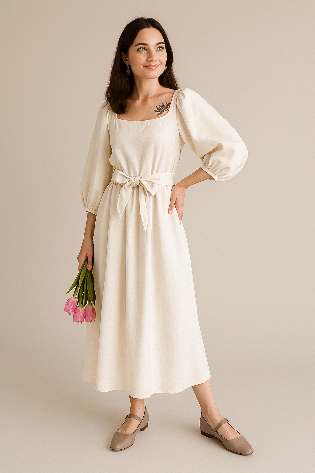 Comfortable Women's Cotton Midi Dress with Long Sleeves