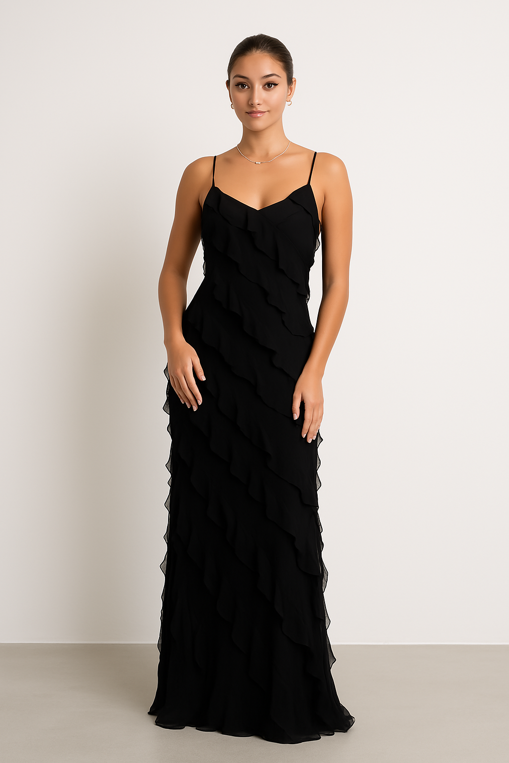 Elegant Long Dress with Thin Straps and Ruffles