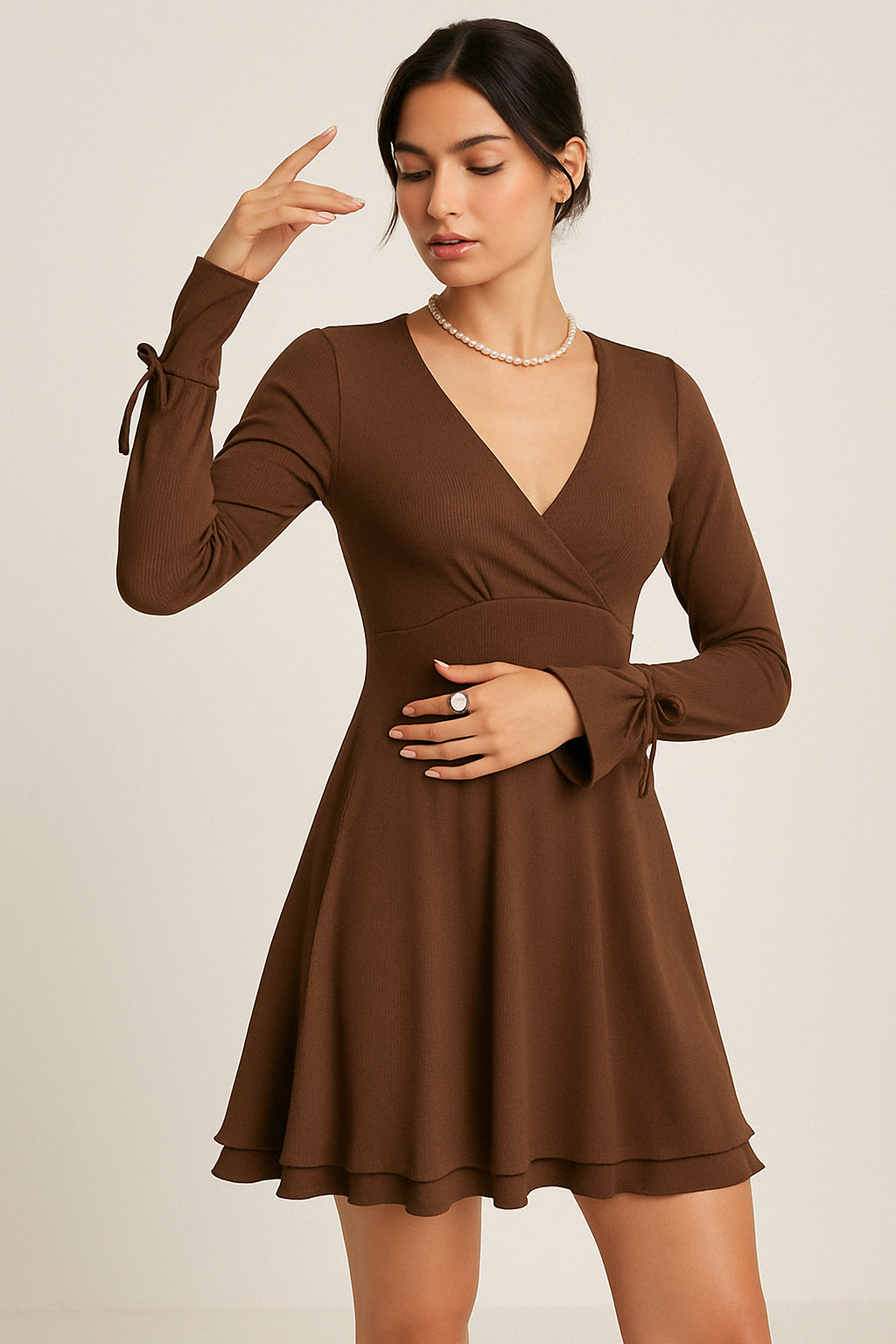 Petite V Neck Ruffle Mini Dress for Women