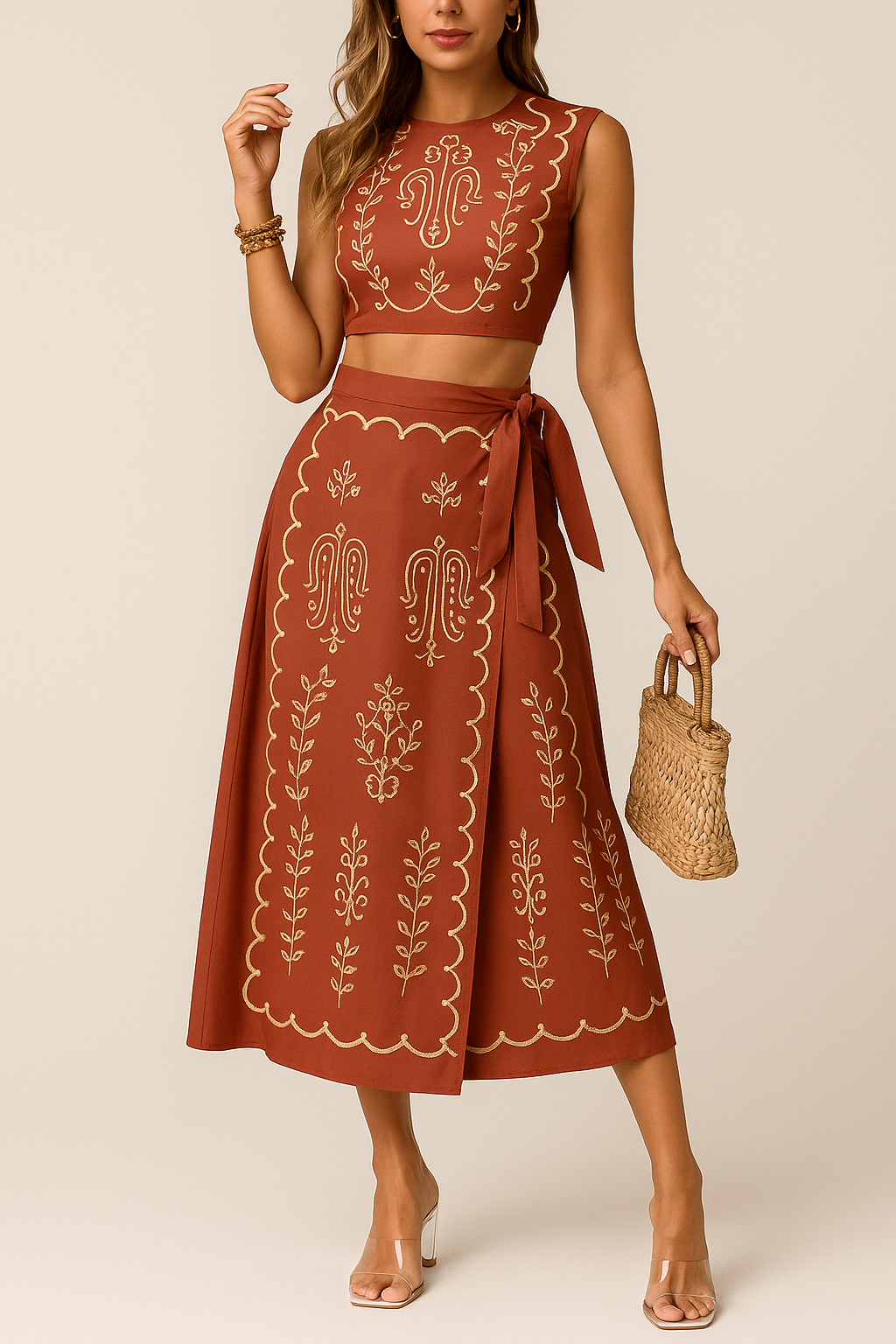 Summer 2 Piece Outfit - Sleeveless Top and Midi Skirt