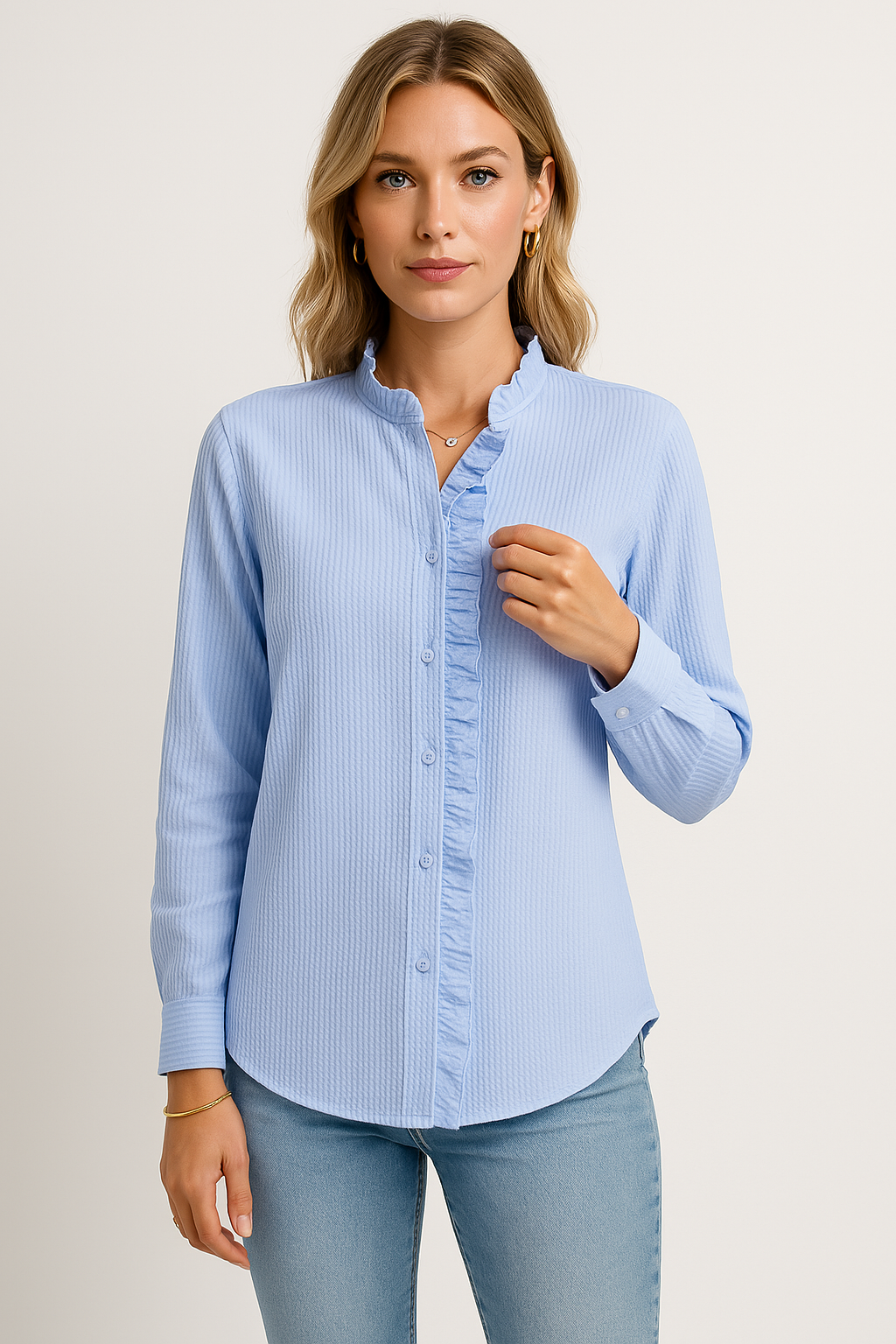 Loose Fit Women's Blouse with Ruffles and Long Sleeves