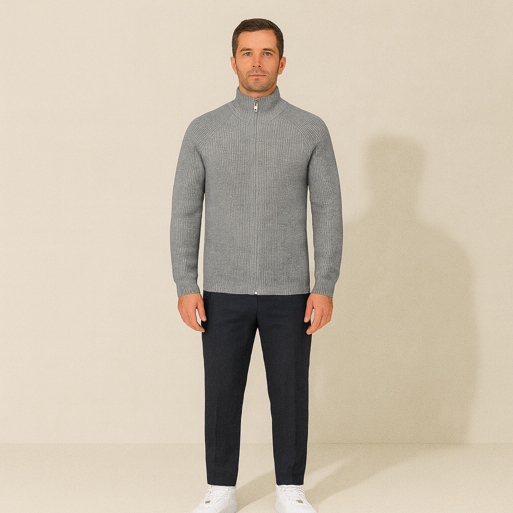 Warm Merino Wool Crew Neck Zip Sweater for Men