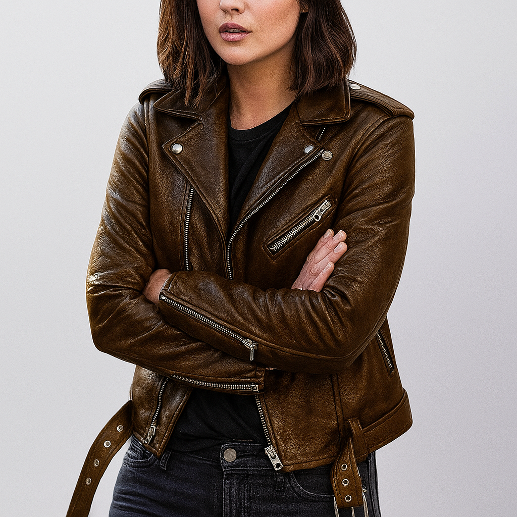 Fitted Ladies Black Leather Biker Jacket