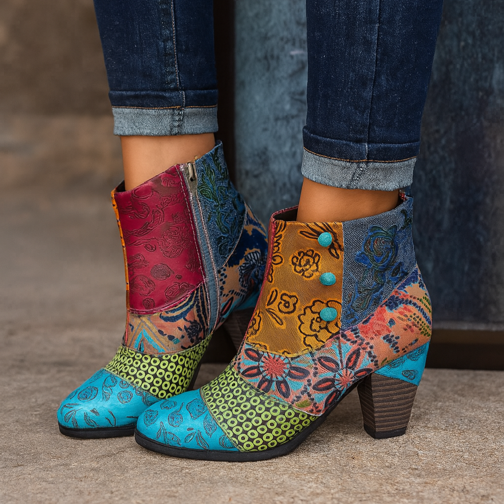 Classic Flower Pattern Ankle Boot with Thick Heel
