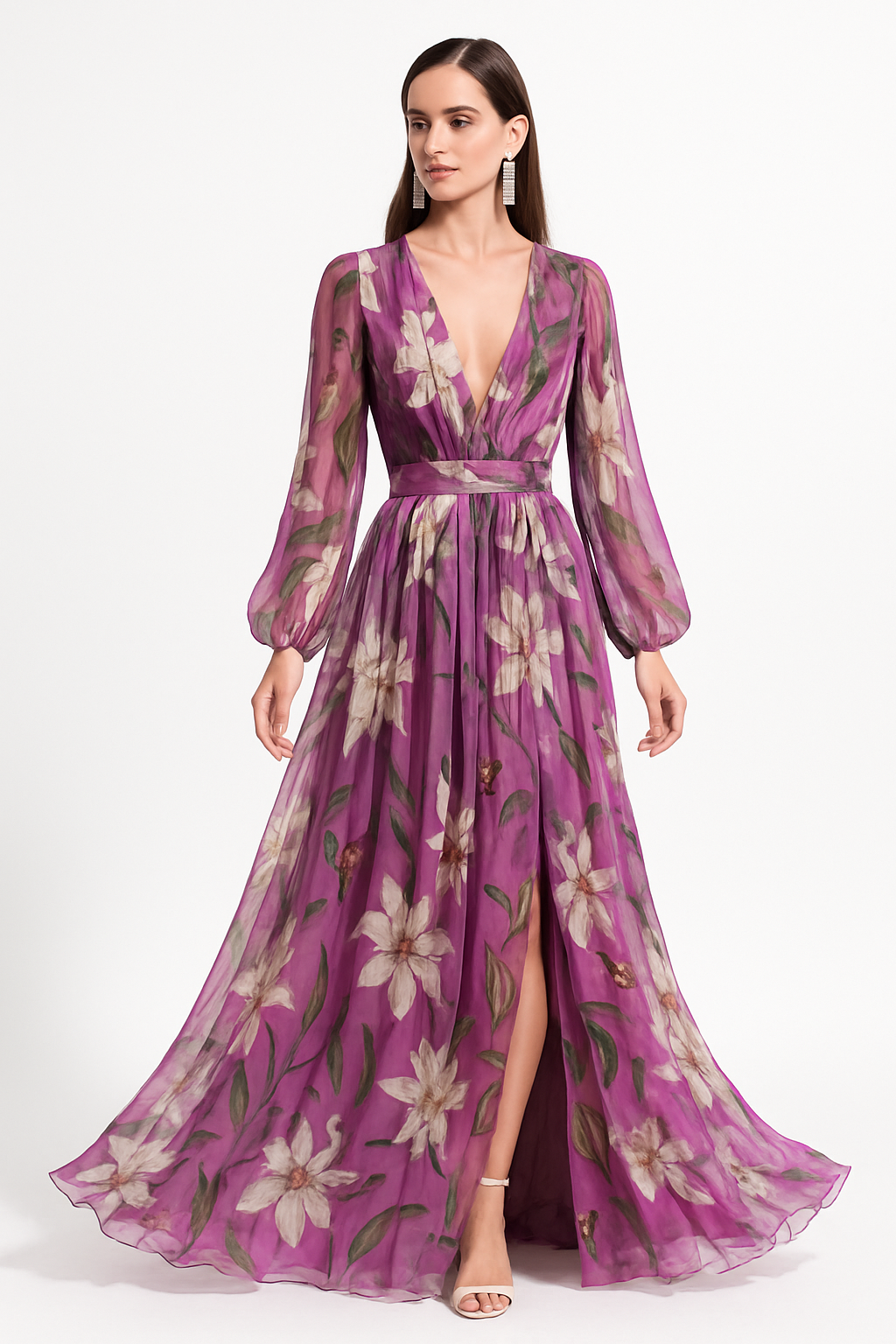 Lovely Floral Maxi Dress with Long Sleeves - Nocini