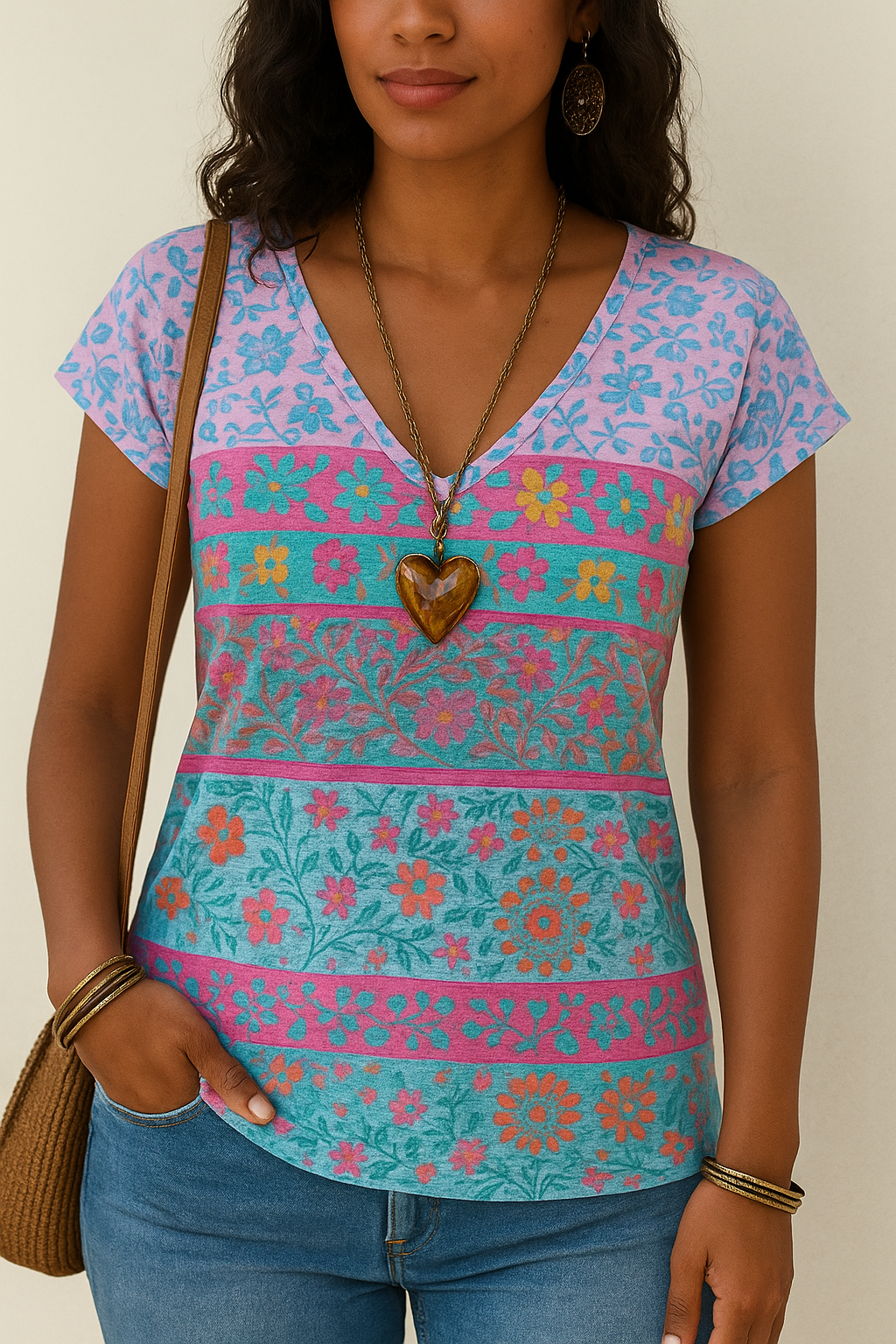Ladies' Pretty Floral V Neck Tee Shirt - Olytrend