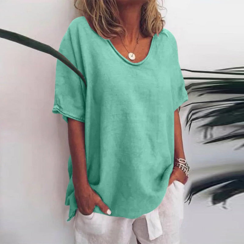Relaxed Fit V-Neck Linen Women's Blouse