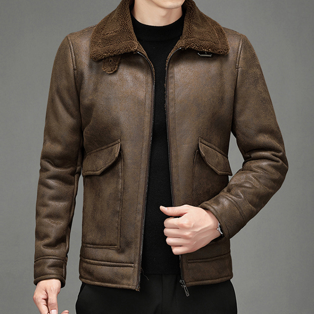 Men's Faux Leather Jacket with Shearling Zip Coat - Nocini
