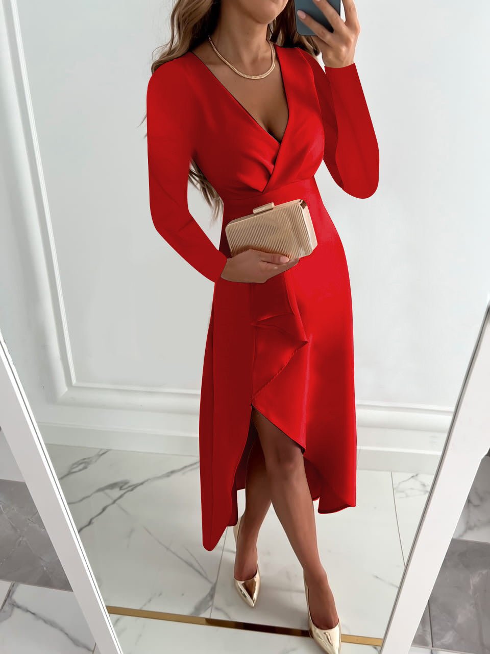 Elegant V-Neck Knee Length Dress with Side Split