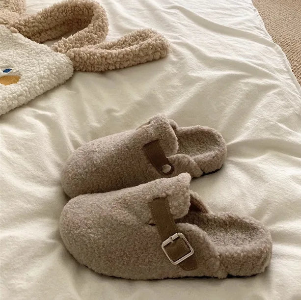 Cozy Faux Fur Mules for Women with Buckle Detail