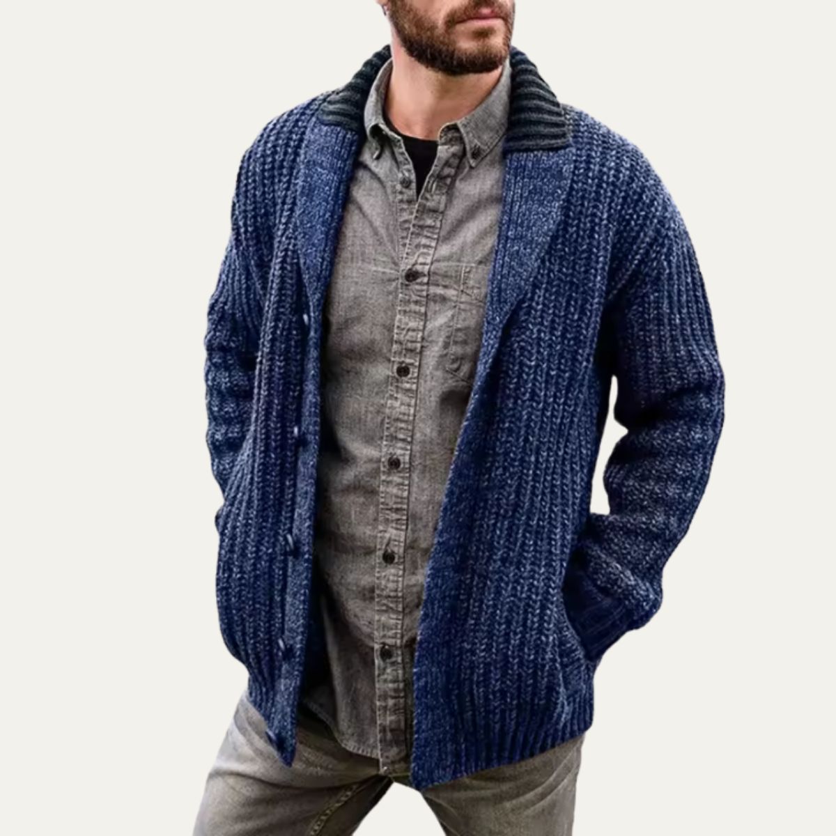 Thick Knit Crew Neck Men's Cardigan Sweater