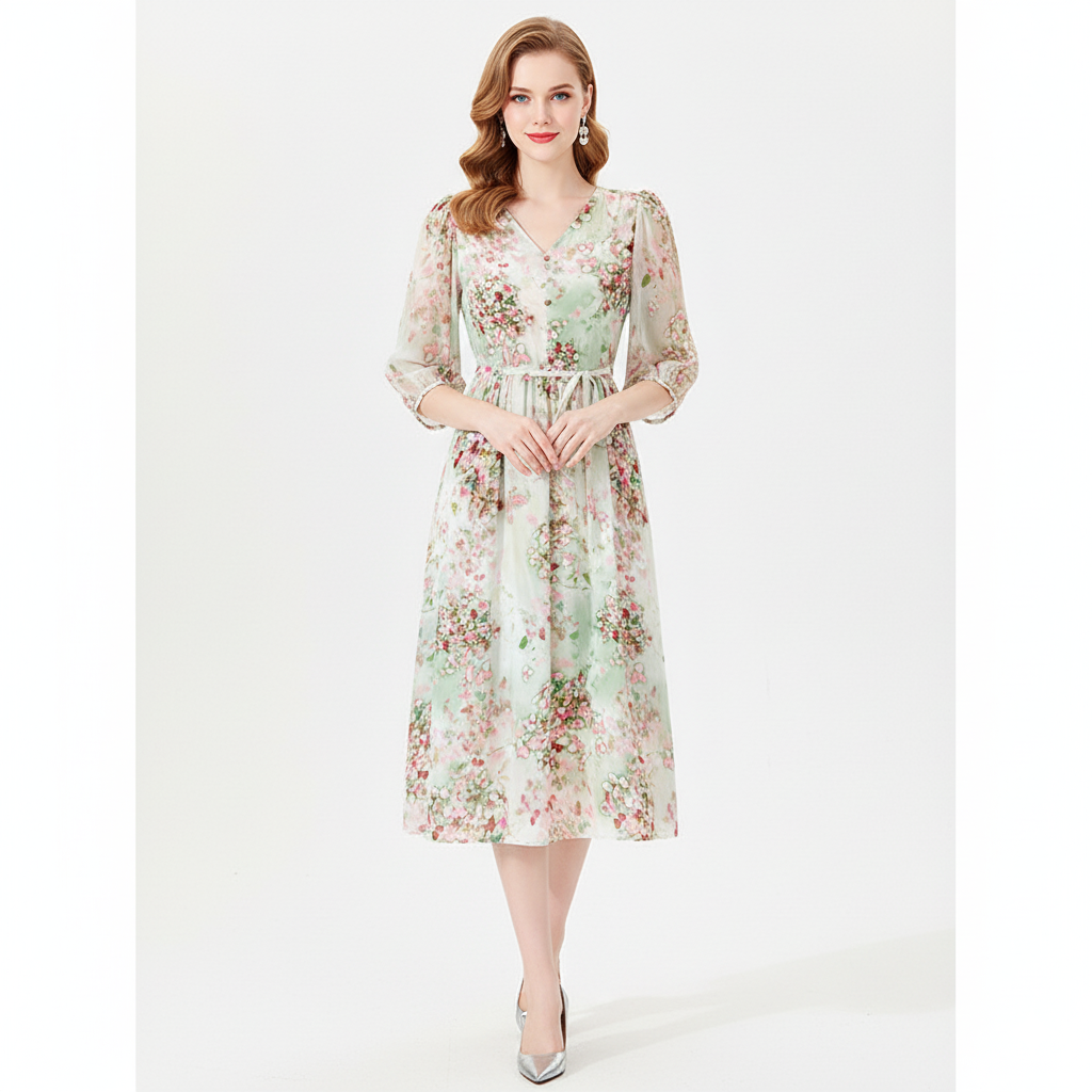 Pretty Floral Knee Length V Neck Dress - Nocini