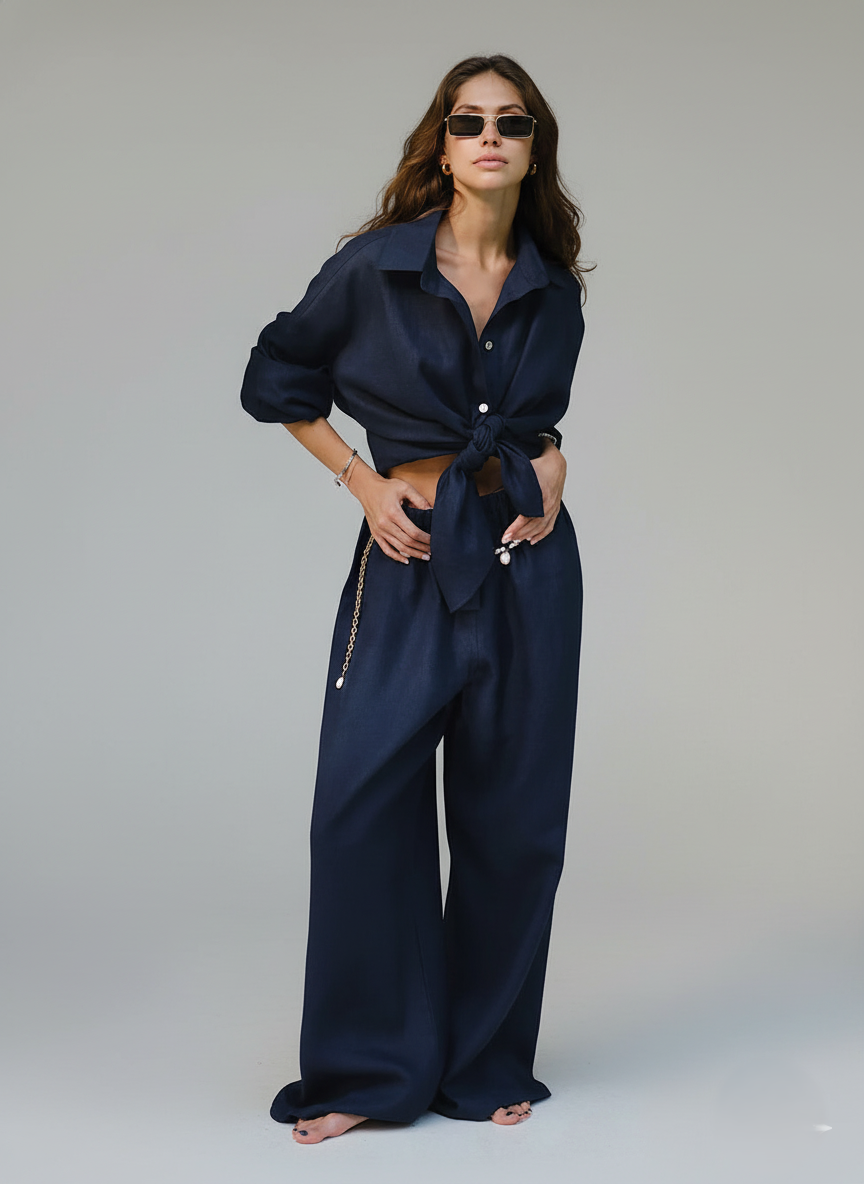 Relaxed Fit Linen Long Sleeve Shirt and Pants Set