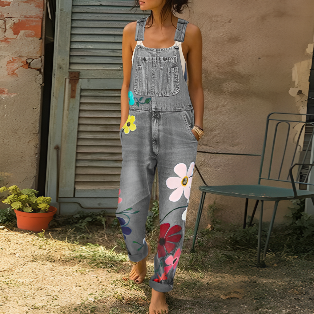 Fashionable Blue Jeans Romper with Flowers