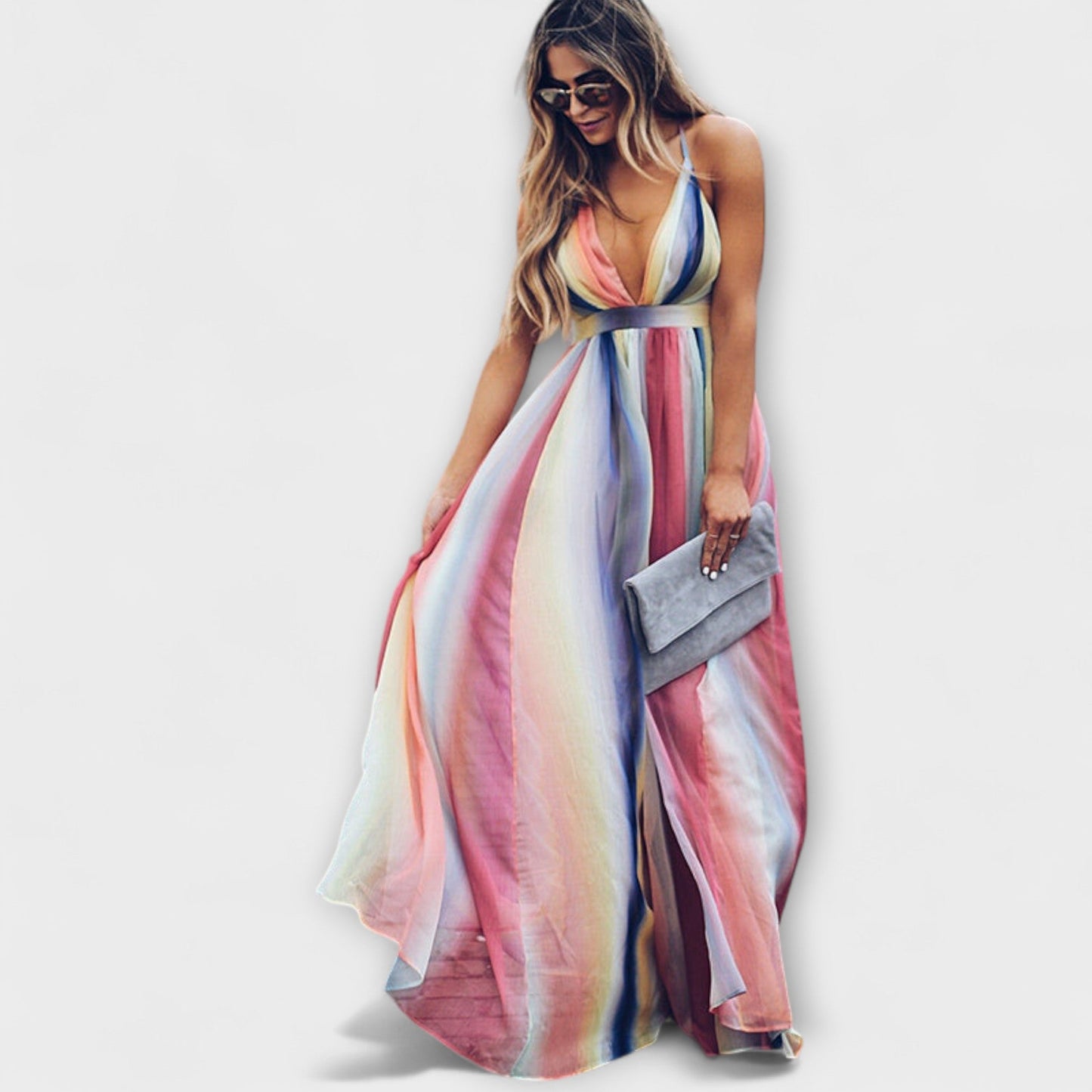 Colorful Striped V-Neck Women's Party Dress