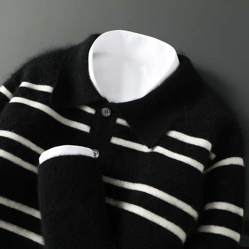 Soft Striped Crew Neck Polo Sweater