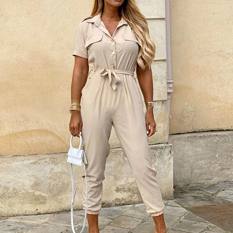 Women's Dress - Button Front - Belted - Short Sleeve - Fitted