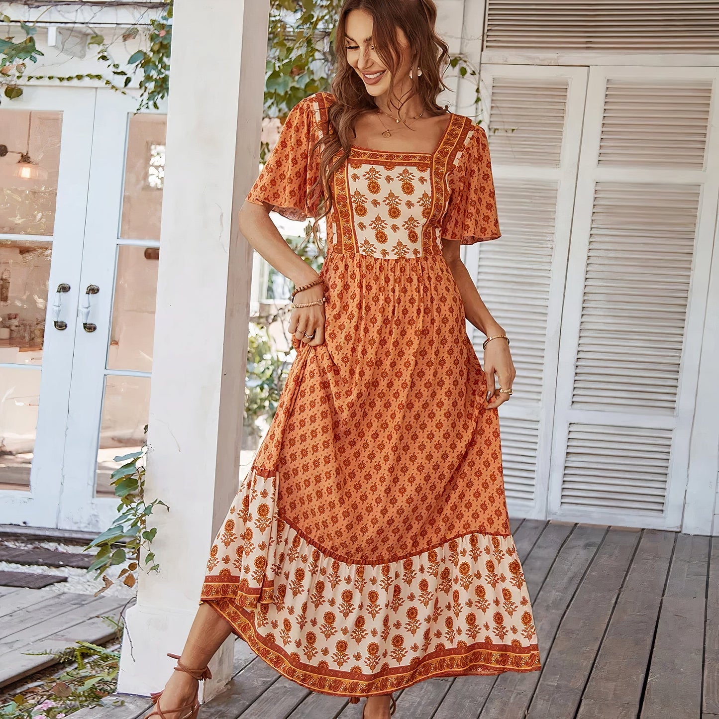 Loose Fit Floral Maxi Dress with Ruffled Sleeves