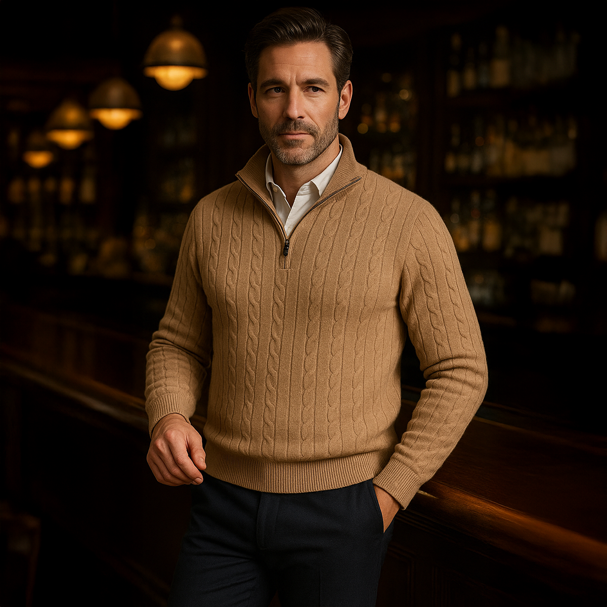 Classic Cable Knit Zip Sweater for Men