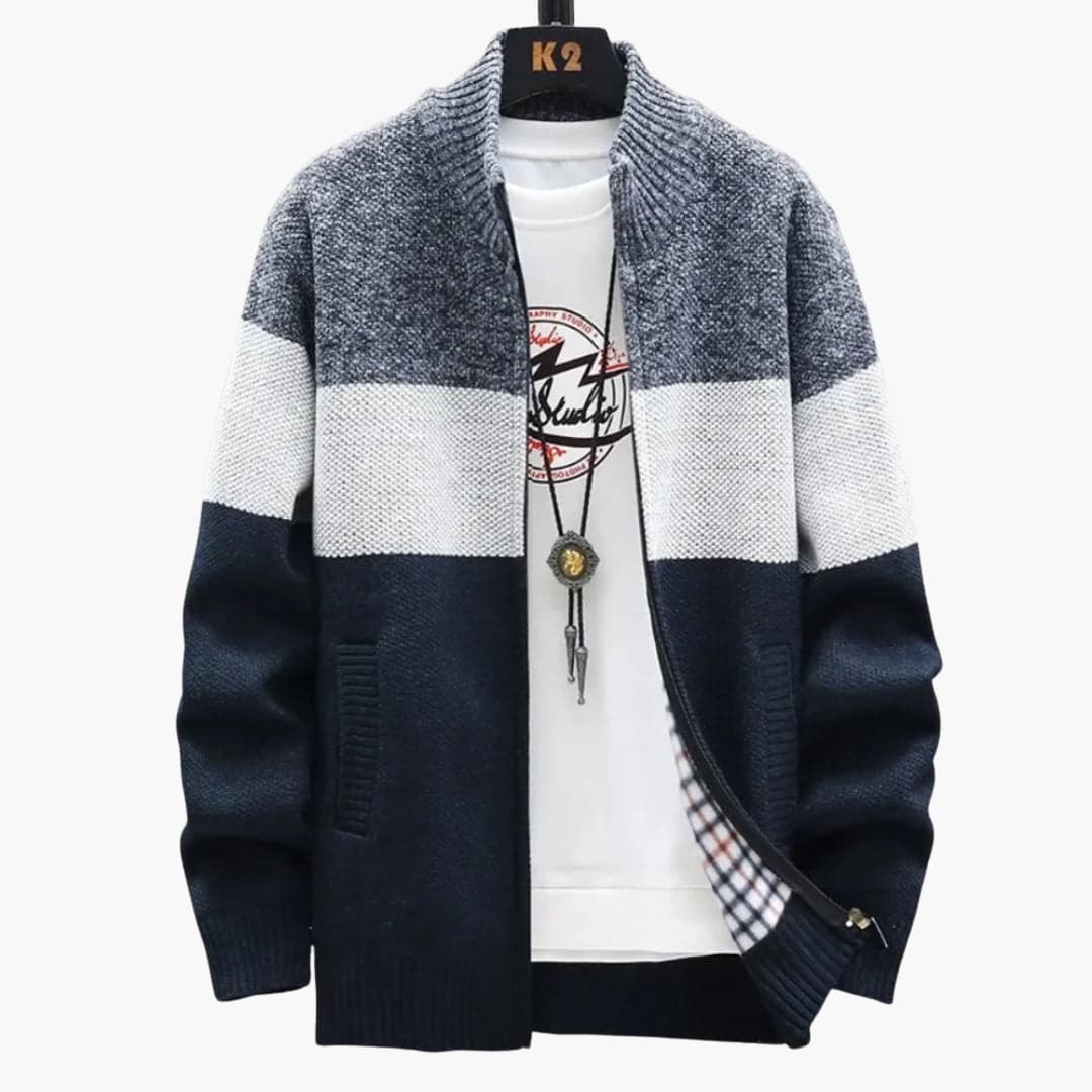 Classic Zip Up Cardigan for Men with Ribbed Trim