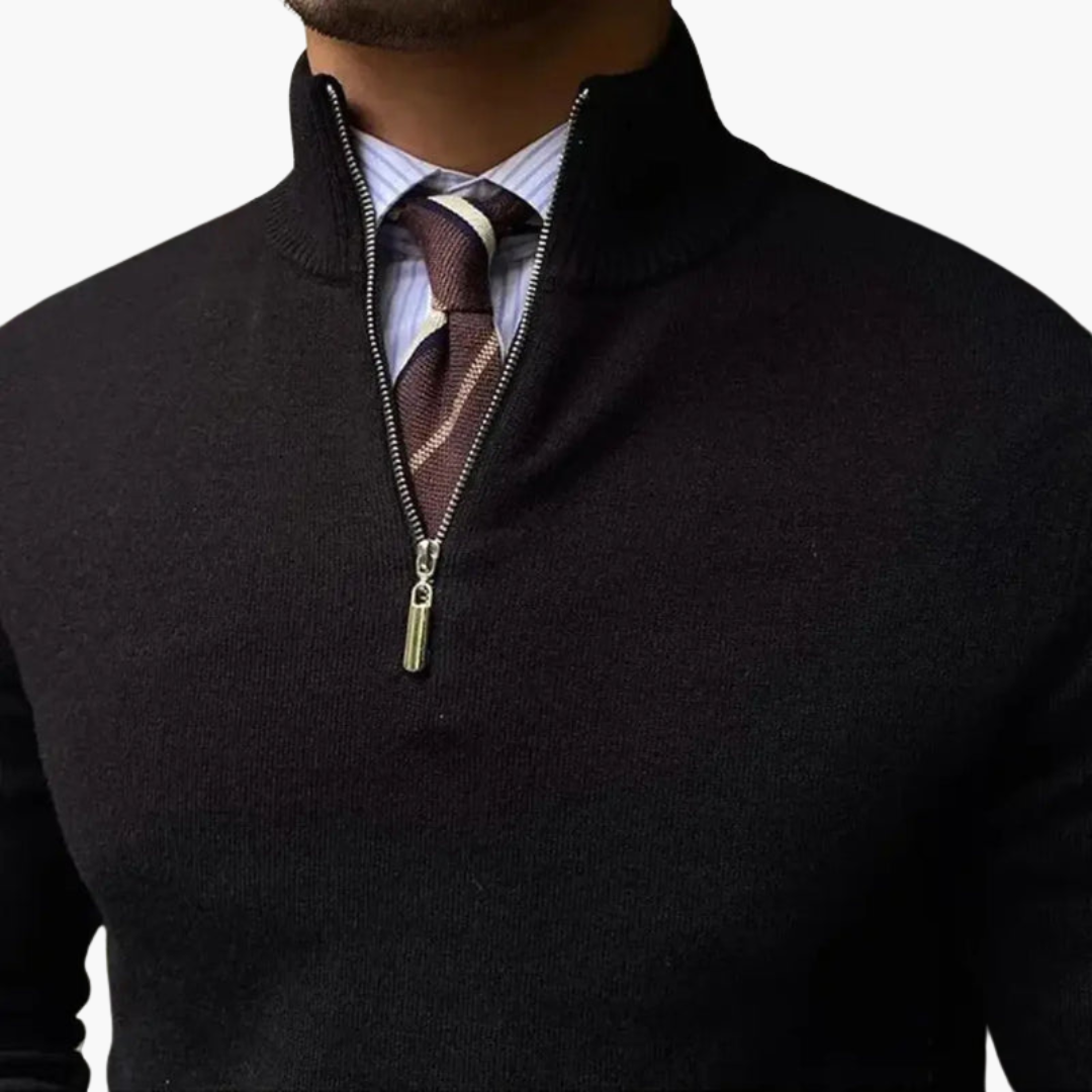 Men's Zip Up Sweater with Crew Neck and Cuffed Bottom