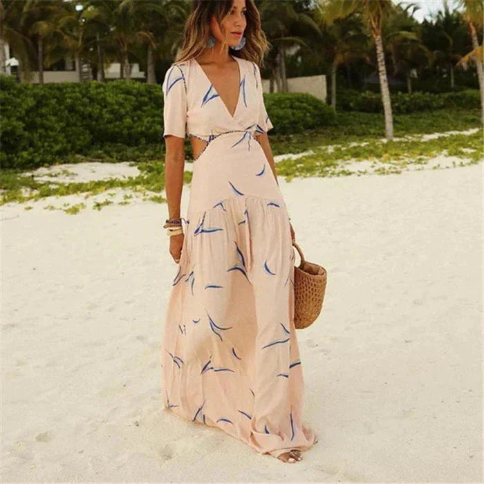 Women's V Neck Maxi Dress with Cutout Waist - Nocini