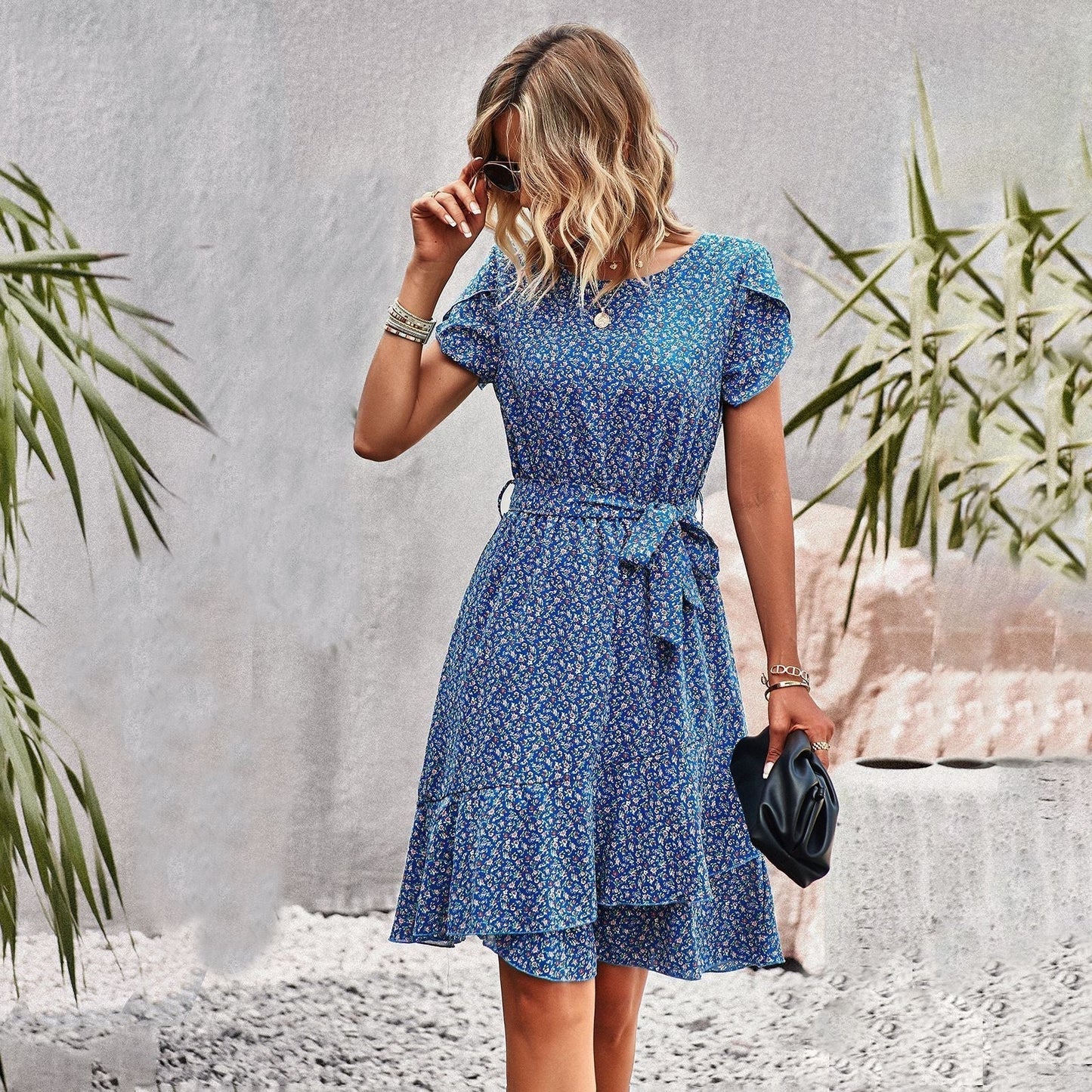 Beautiful Ruffled Garden Party Dress with Waist Belt