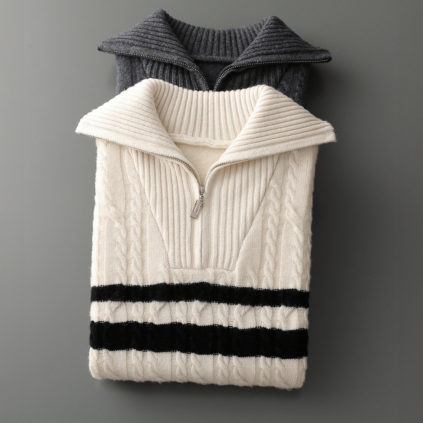 Classic Cable Knit Quarter Zip Sweater Jacket