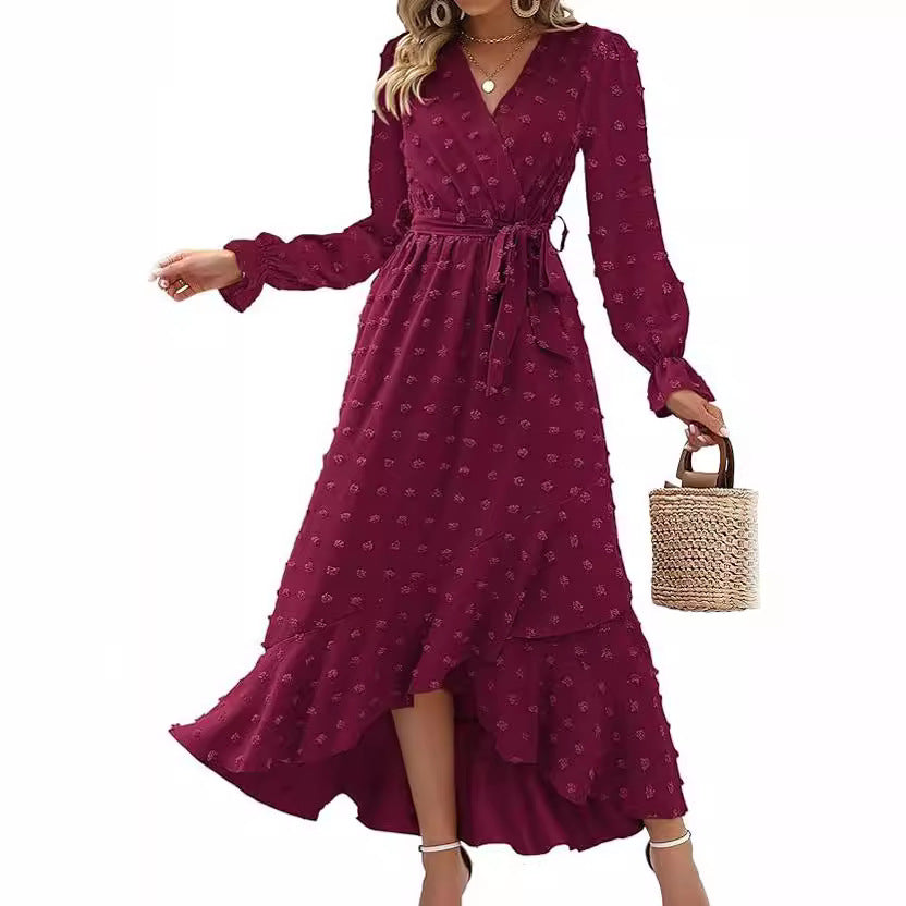 Ladies' V Neck Wrap Dress with Ruffles and Tie Waist