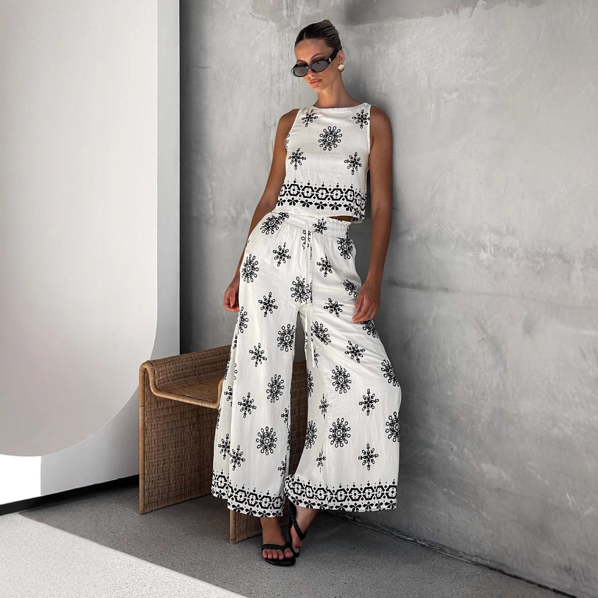 Ladies Summer 2 Piece Outfit Crop Top Wide Leg Pants - Nocini