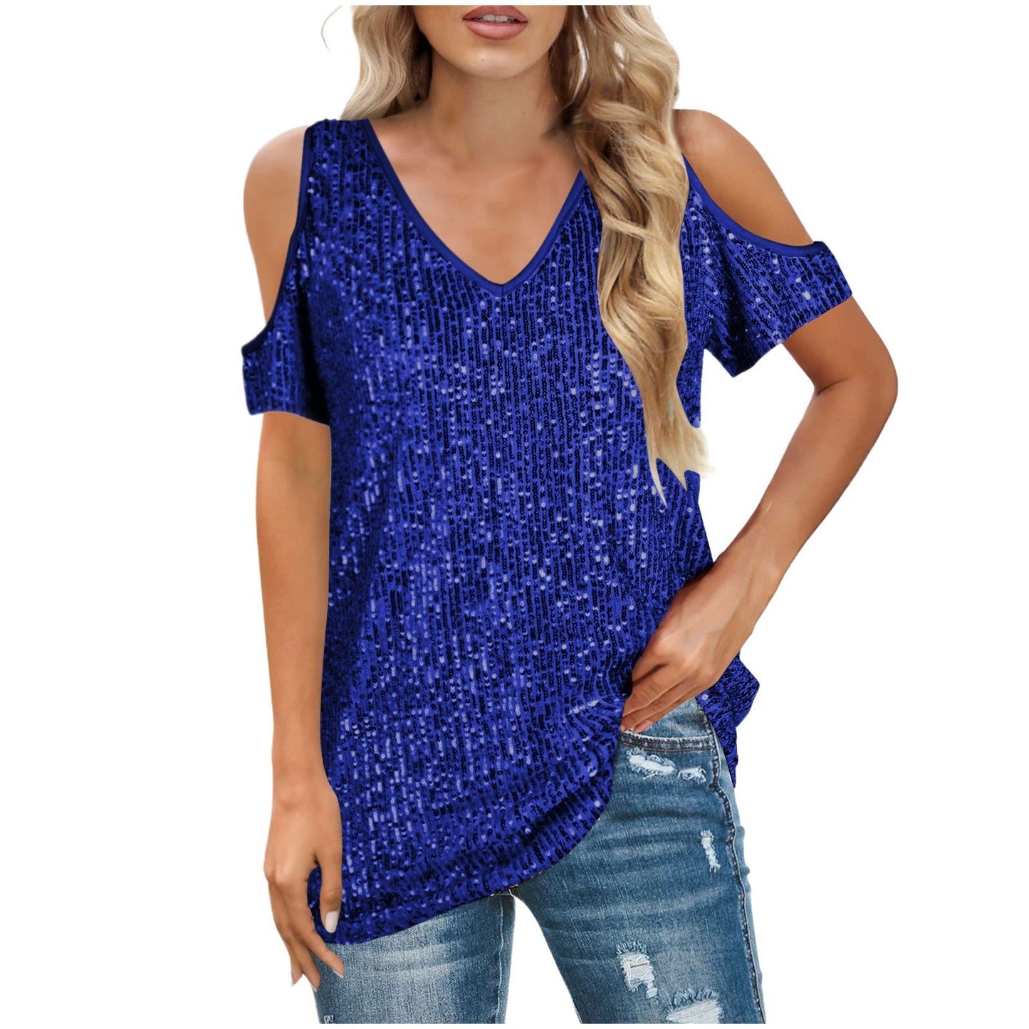 Casual V Neck Short Sleeve Sequin Women's Top