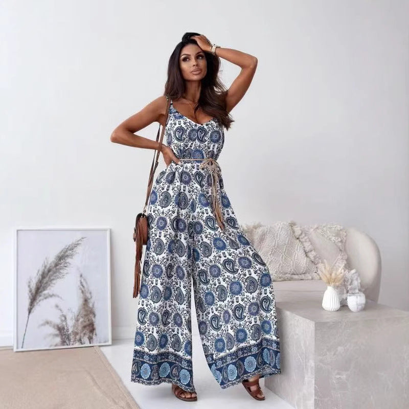 Women's Flowy Wide Leg Jumpsuit with V-Neck Strap
