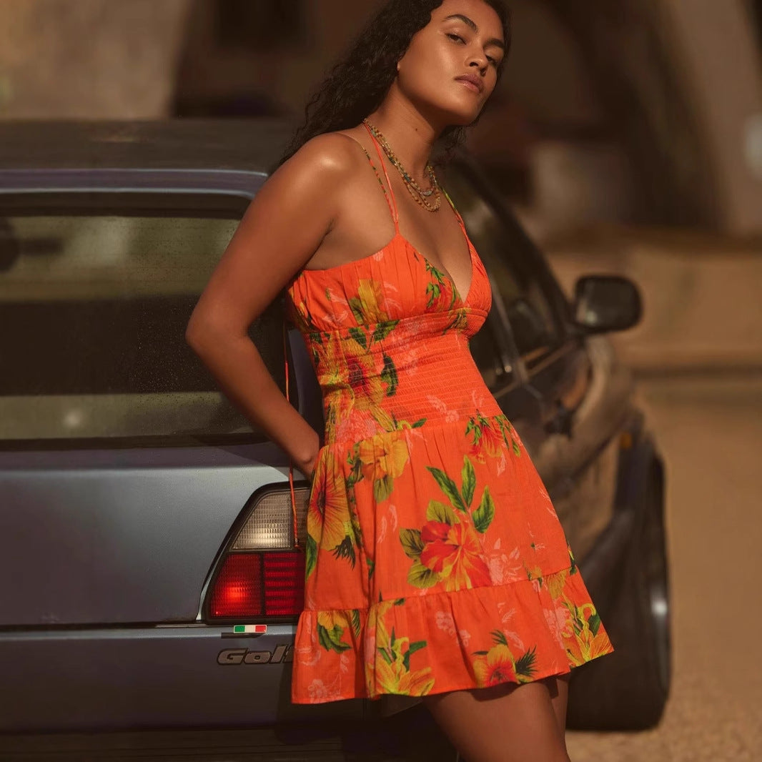 Casual Floral Sundress with Ruffles and Thin Straps