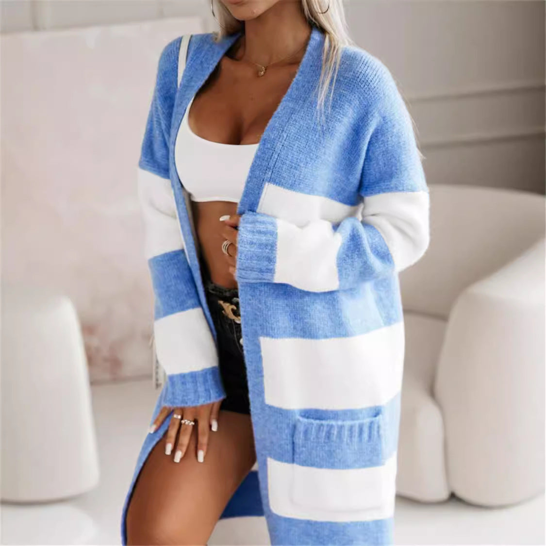 Cozy Women's Striped Open Front Cardigan Sweater